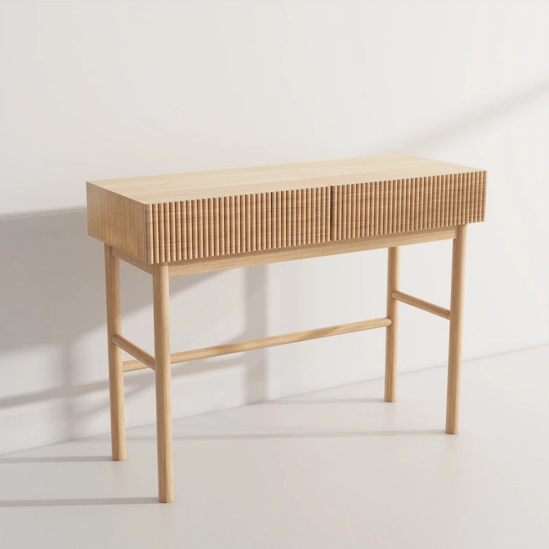 Console Table Façades de tiroirs cannelées Pieds en bois ronds Entretoise inférieure Naturel 42 pouces
