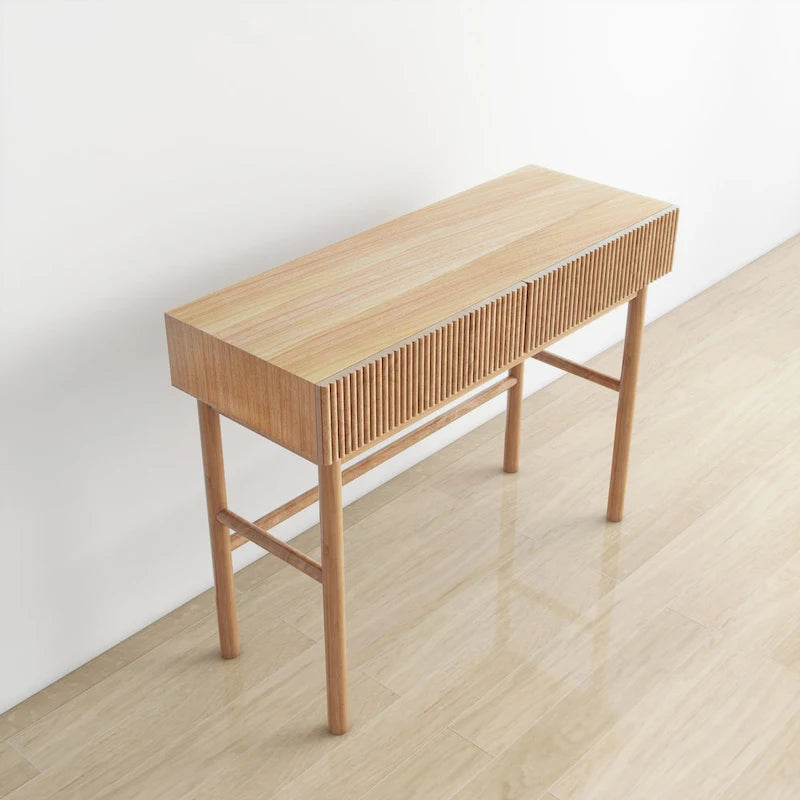 Console Table Façades de tiroirs cannelées Pieds en bois ronds Entretoise inférieure Naturel 42 pouces