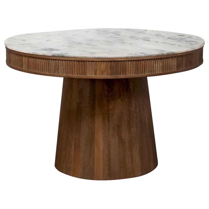 Table à manger ronde en marbre blanc avec piètement cannelé en manguier
