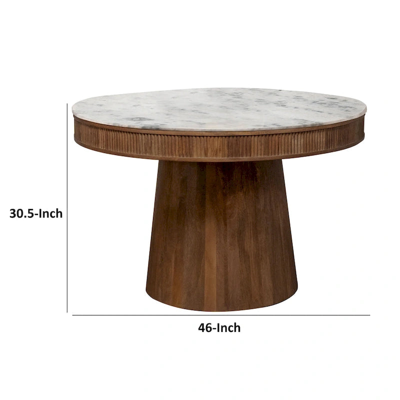 Table à manger ronde en marbre blanc avec piètement cannelé en manguier