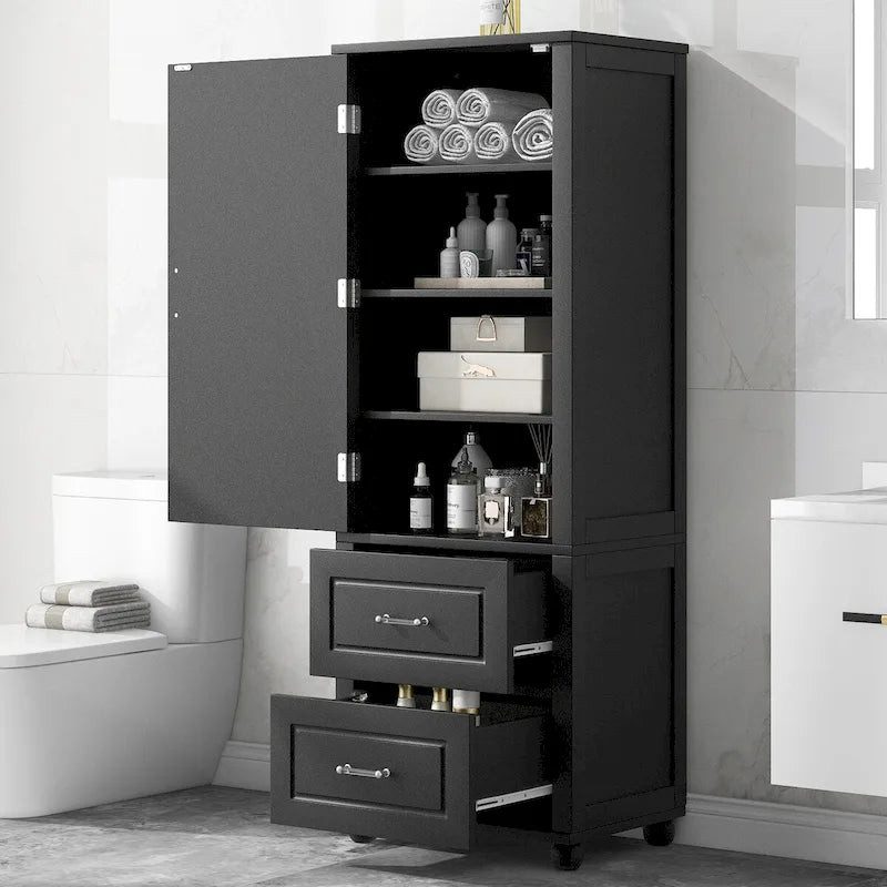 Meuble Colonne de Salle de Bain Deux Portes Deux Tiroirs Étagères Réglables