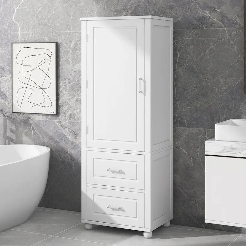 Meuble Colonne de Salle de Bain Deux Portes Deux Tiroirs Étagères Réglables