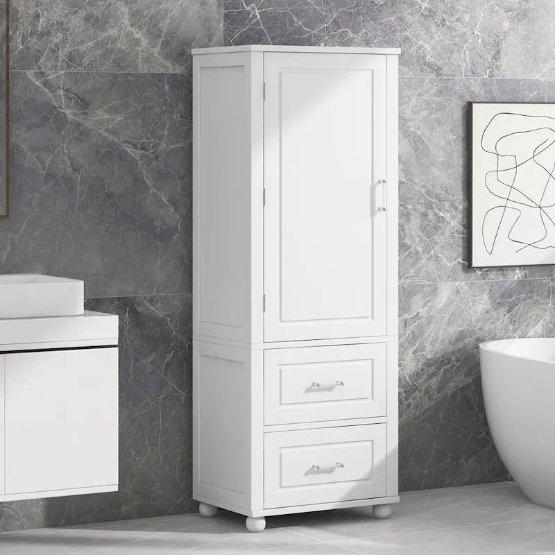 Meuble Colonne de Salle de Bain Deux Portes Deux Tiroirs Étagères Réglables