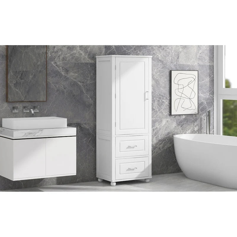 Meuble Colonne de Salle de Bain Deux Portes Deux Tiroirs Étagères Réglables