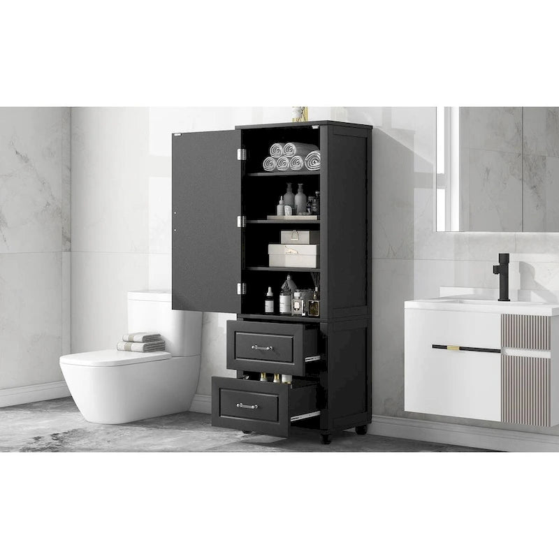 Meuble Colonne de Salle de Bain Deux Portes Deux Tiroirs Étagères Réglables