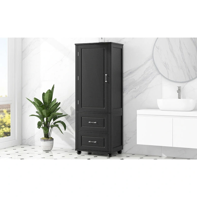 Meuble Colonne de Salle de Bain Deux Portes Deux Tiroirs Étagères Réglables