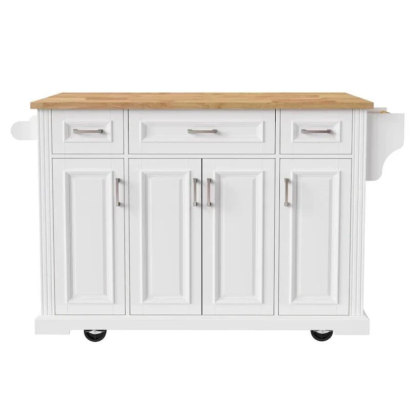 Grand îlot de cuisine avec abattant en bois, desserte à roulettes avec texture en relief, portes, tiroirs et rangement pour cuisine, blanc