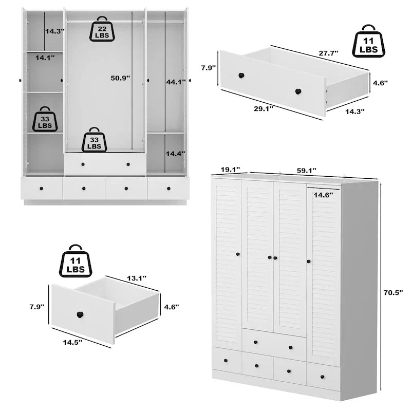 Armoire-penderie autoportante 59 po de large, grand format, blanche