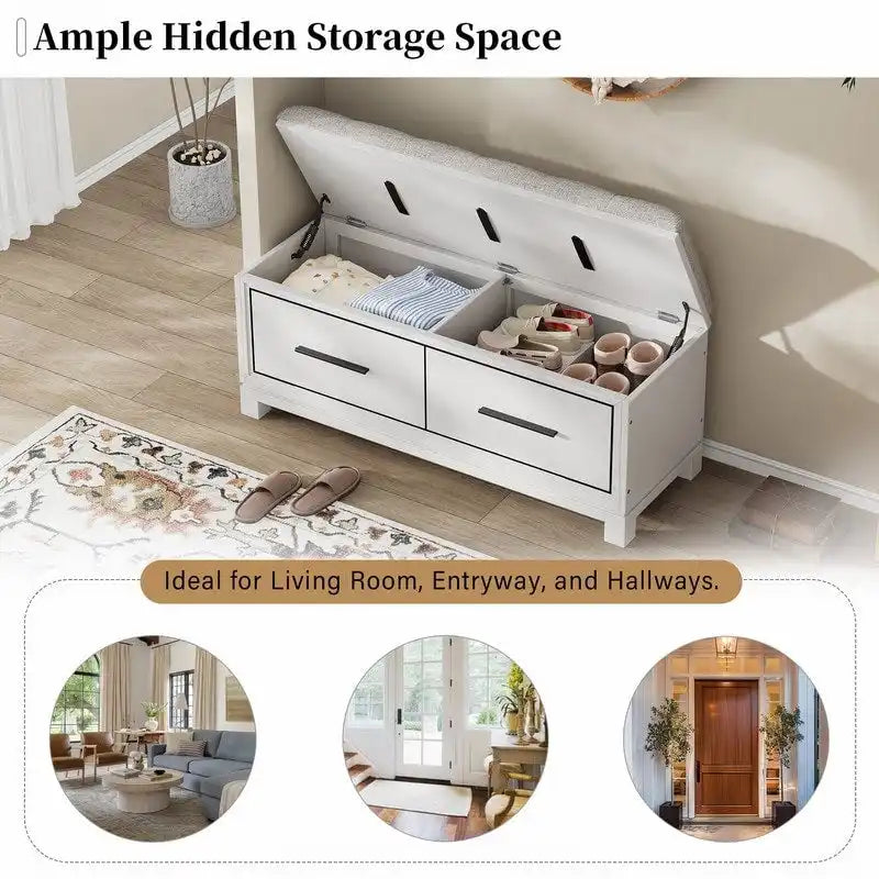 Banc à chaussures avec coussin amovible et rangement dissimulé pour l'organisation de l'entrée et du salon