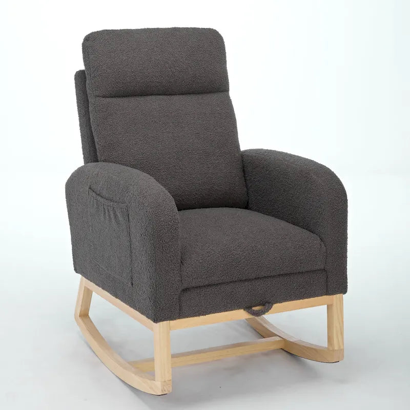 Fauteuil à bascule moderne à dossier haut rembourré de 29,5 po avec pieds en bois massif et repose-pieds réglable